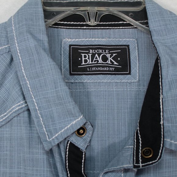 Buckle Black Shirt Men's Large Blue Long Sleeve Solid Pearl Snap Standard Fit - Picture 3 of 14